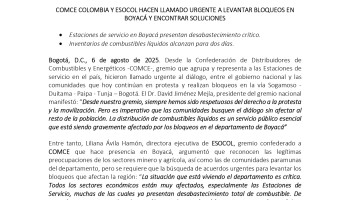 COMCE y ESOCOL Colombia hacen un llamado urgente a levantar bloqueos en Boyacá y encontrar soluciones.
