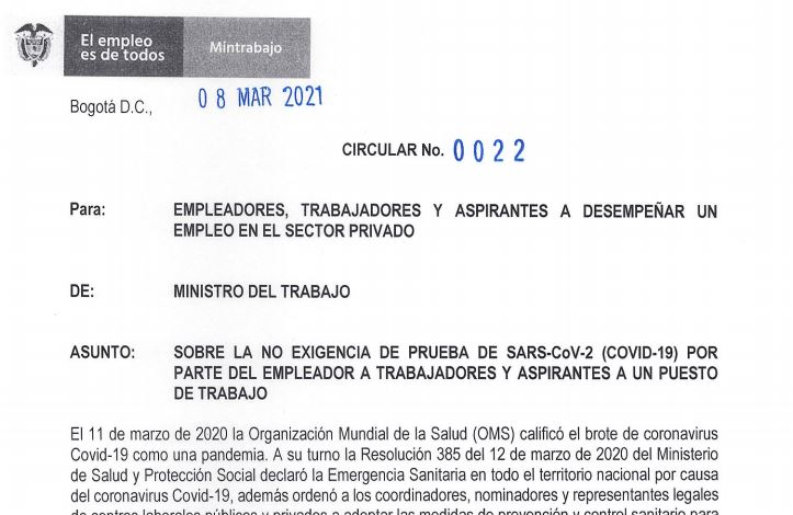 Circular No. 0022 de ministerio de trabajo 2021