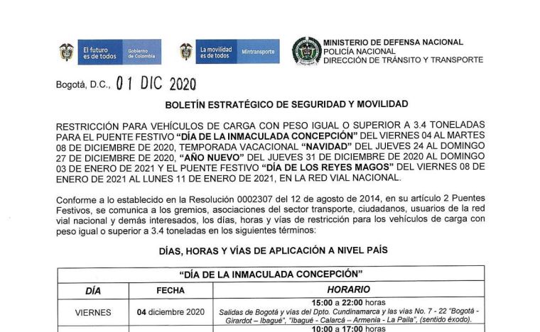 Boletin estrategico de seguridad y movilidad mintransporte 1 dic 2020