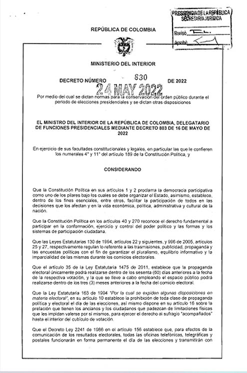 DECRETO 830 DEL 24 DE MAYO DE 2022